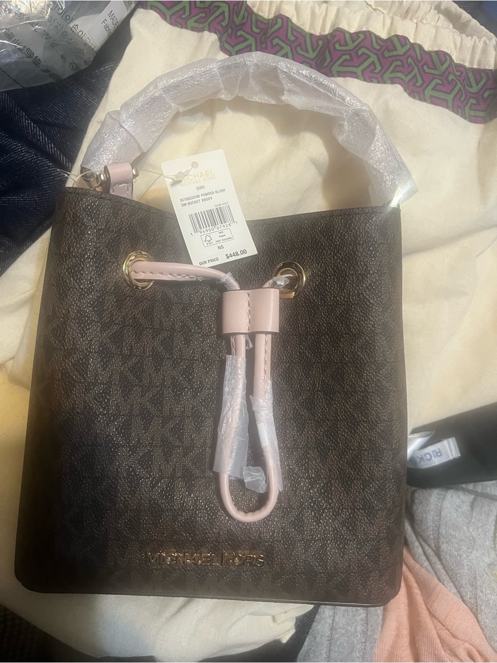 MICHAEL KORS Brown Logo Bucket Bag with Pink Trim